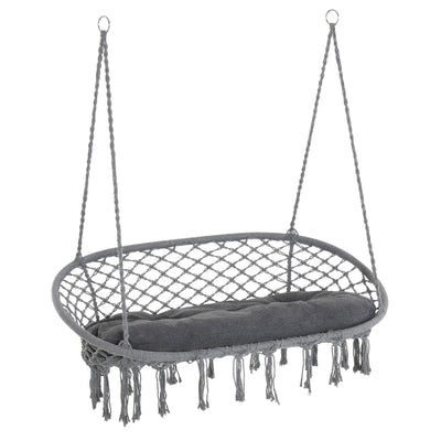 Outsunny Hammock Chair Hanging Rope Swing Metal Frame Cushion Large Macrame Seat Indoor Outdoor Dark Grey 