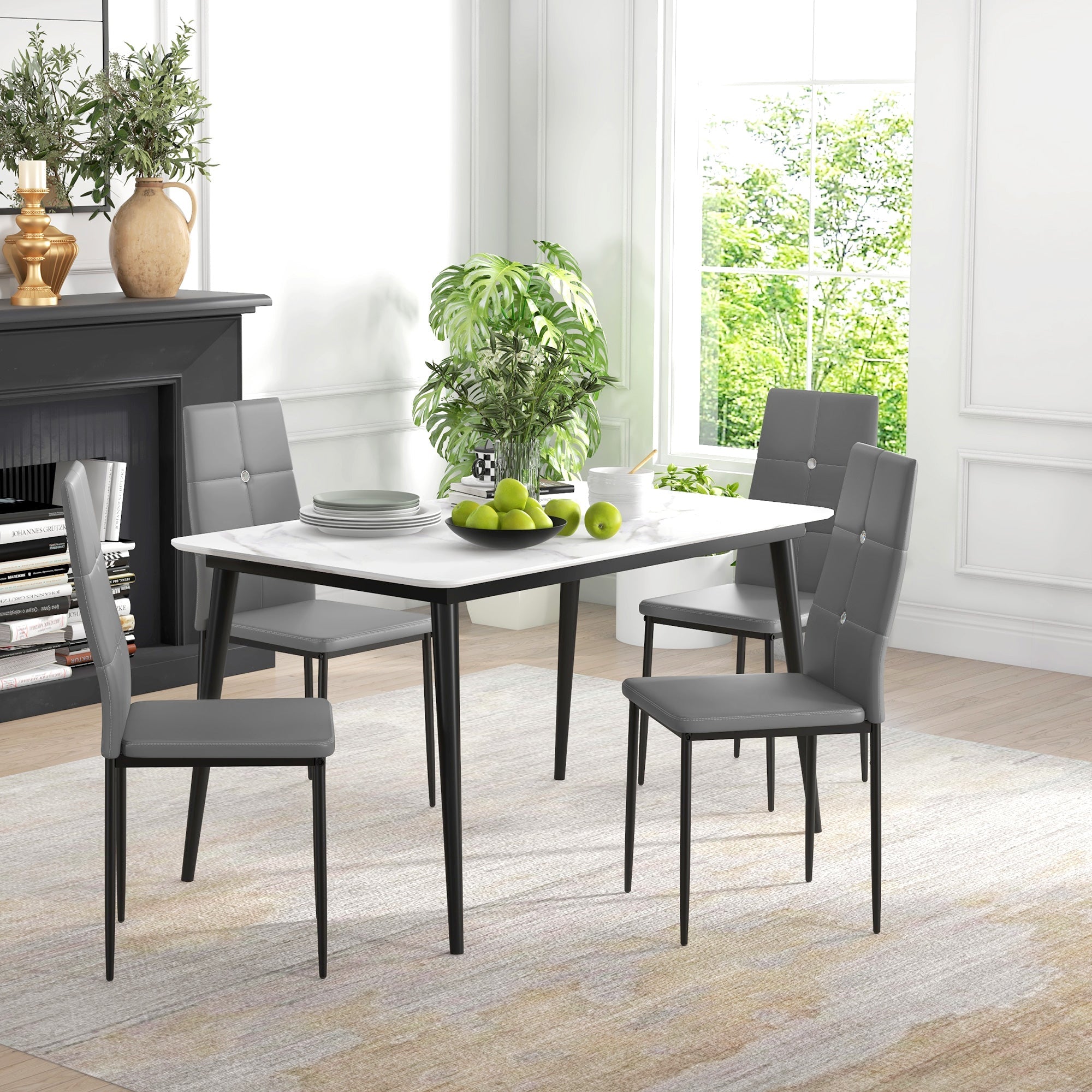 HOMCOM Set of 4 Modern Style Dining Chairs, Button Tufted High Back Side Chairs with Upholstered Seat, Steel Legs, Grey 