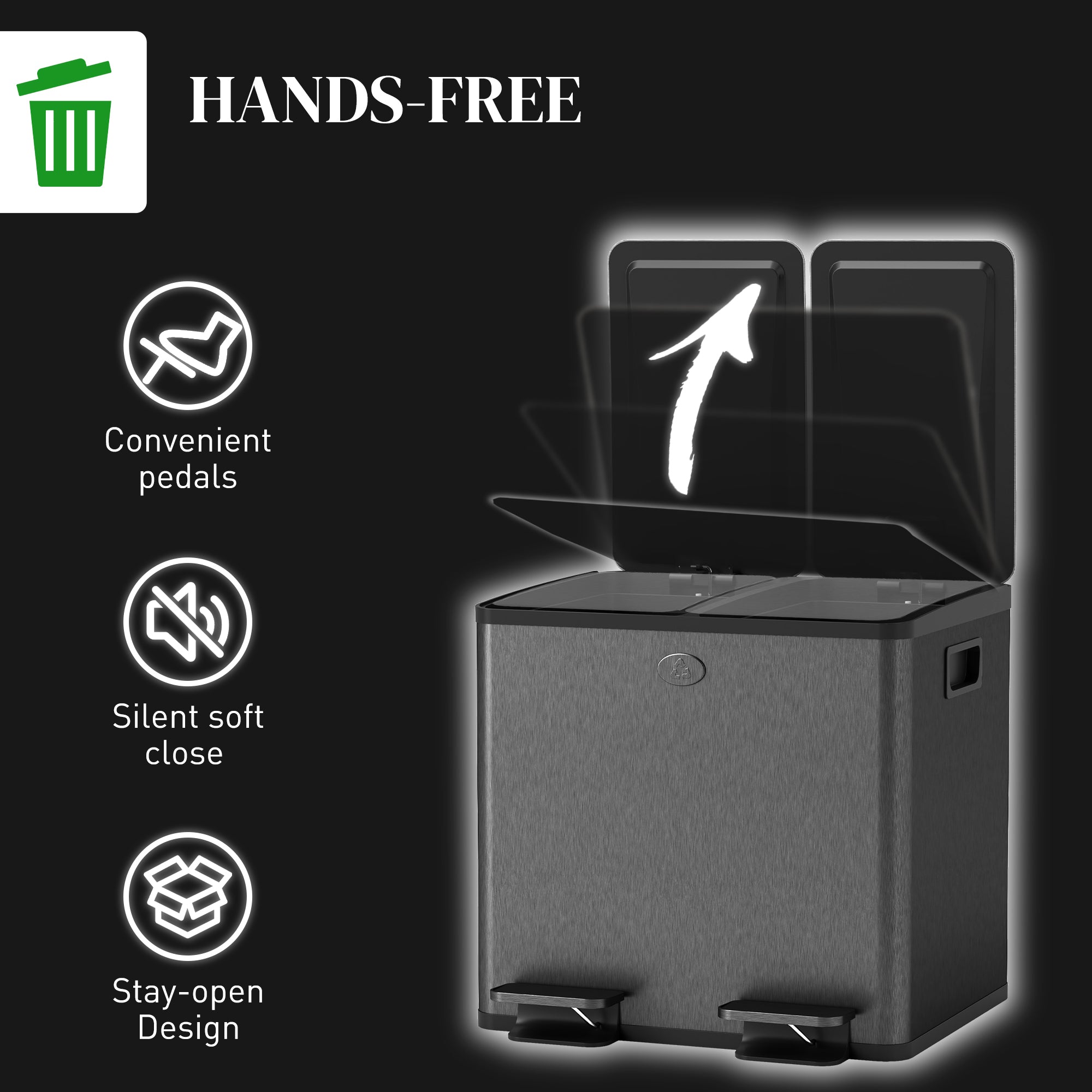 HOMCOM Dual Garbage Bin, Soft-Close Trash Can with Foot Pedal, 2 x 15 Liter Garbage Can with Removable Inner Buckets, Black 
