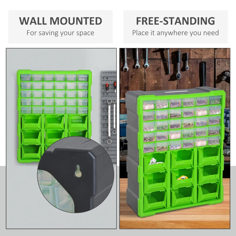 Plastic 39 Drawer Parts Organiser Wall Mount Storage Cabinet for Small Nuts Bolts Tool Green