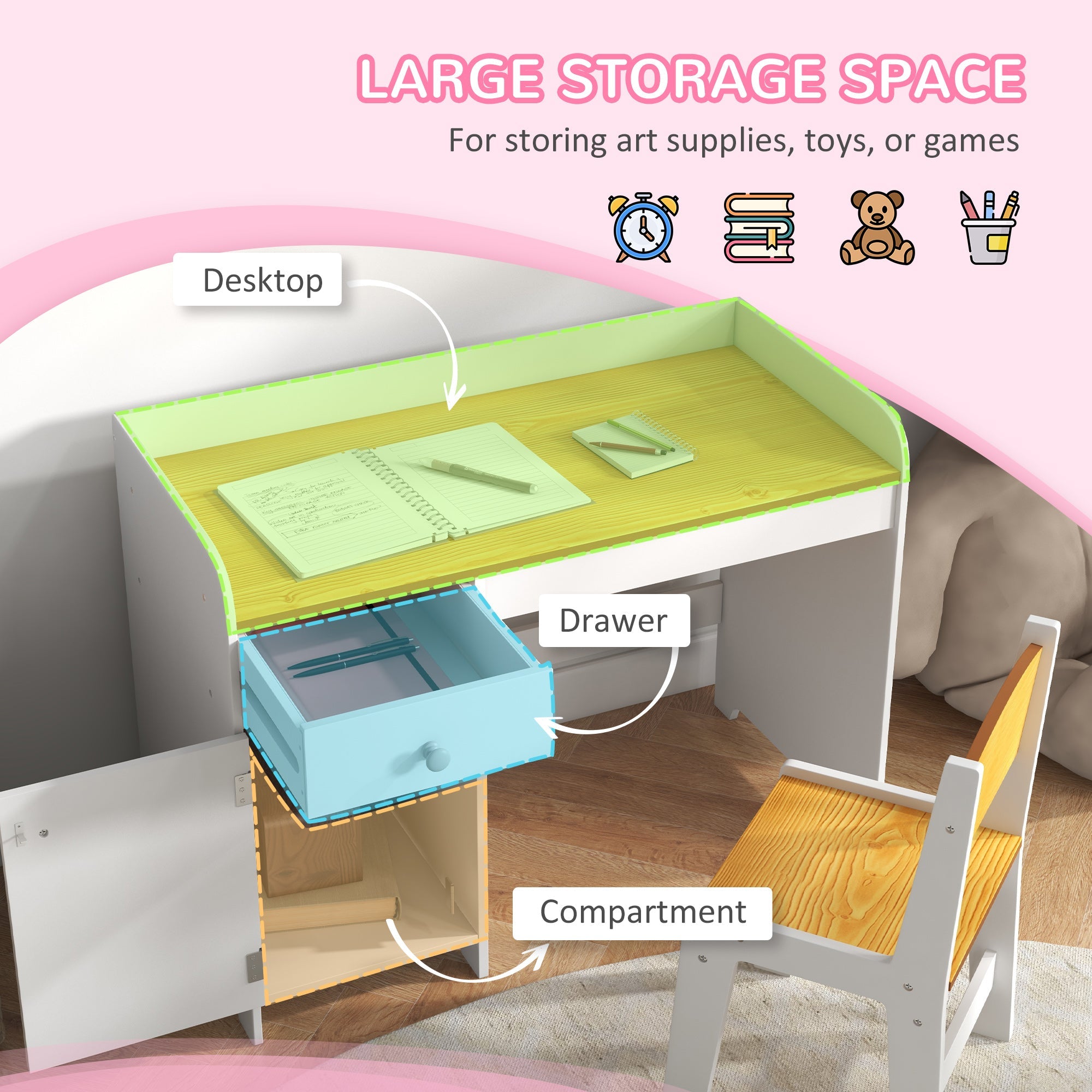 Qaba Kids Desk and Chair Set for 3-6 Year Old with Storage Drawer Study Table and Chair for Children White 