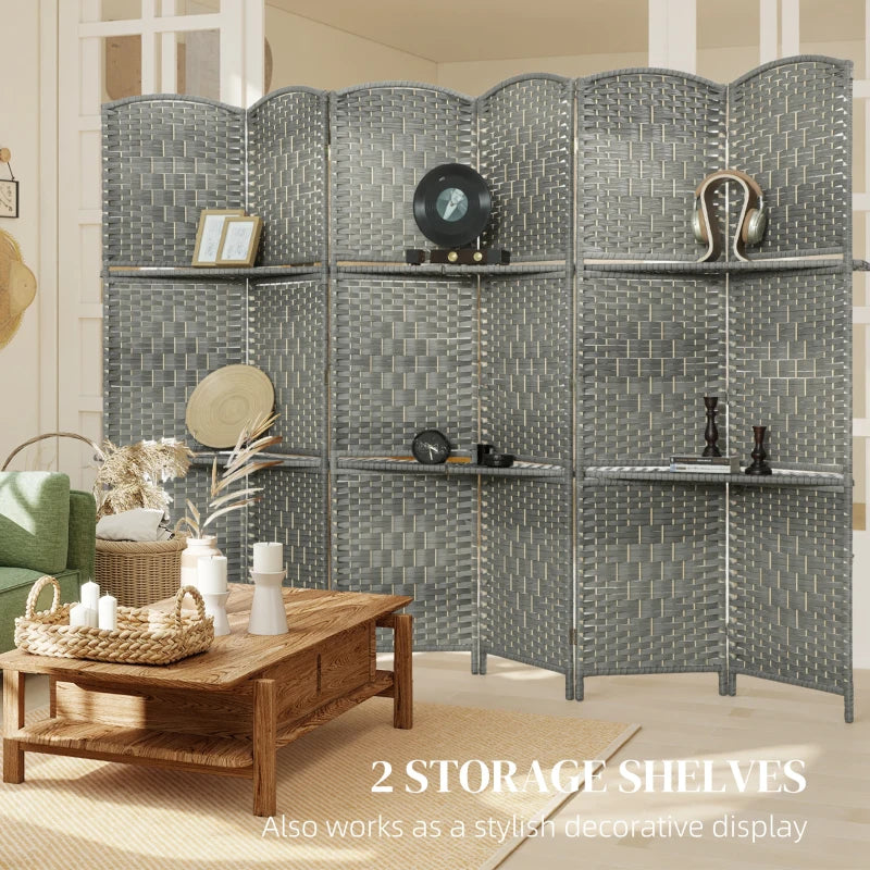 6 FT Privacy Screen, 6 Panel Room Divider with Shelves for Living Room Bedroom Home Office, Grey