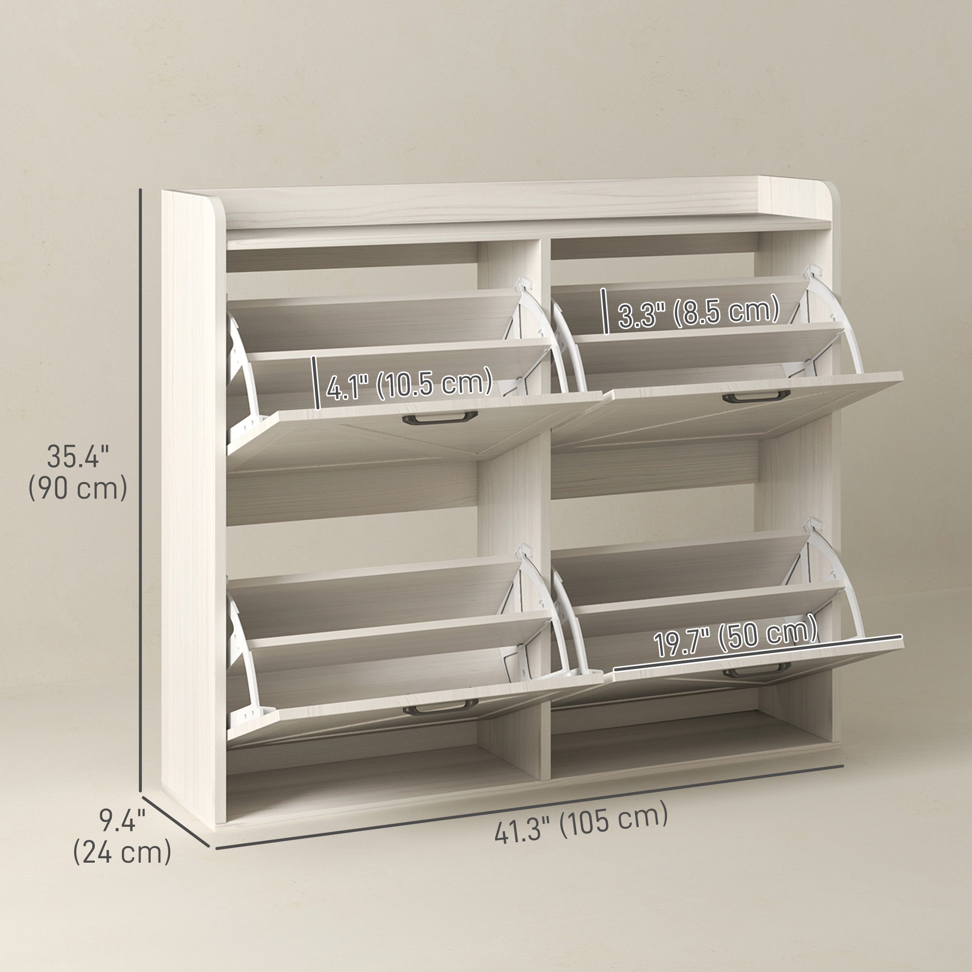 HOMCOM Narrow Shoe Storage Cabinet with 4 Flip Drawers, Adjustable Shelves, 16 Pair Farmhouse Shoe Cabinet, White Oak 