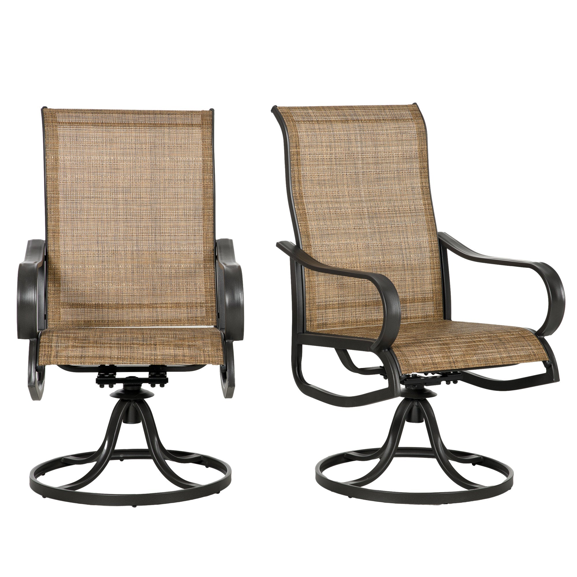 Outsunny 2-Piece Patio 360° Swivel Rocking Chairs with Curved Armrests, S Shape Backrest, Breathable Mesh Fabric Seat & Backrest, Brown 