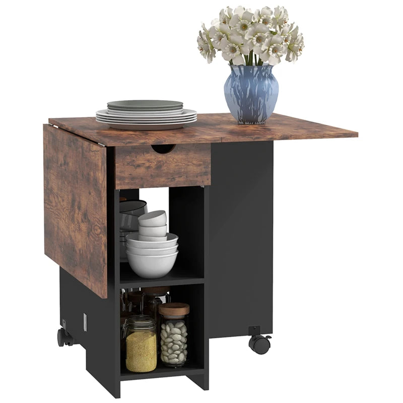 Folding Dining Table, Space Saving Drop Leaf Table with Drawer and Shelves for Kitchen, Dining Room, Rustic Brown