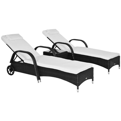 Outsunny 3 Pieces Patio Rattan Lounge Set Wheeled Wicker Chaise Lounge Chair Set Reclining Lounger Adjustable Black Cream White 