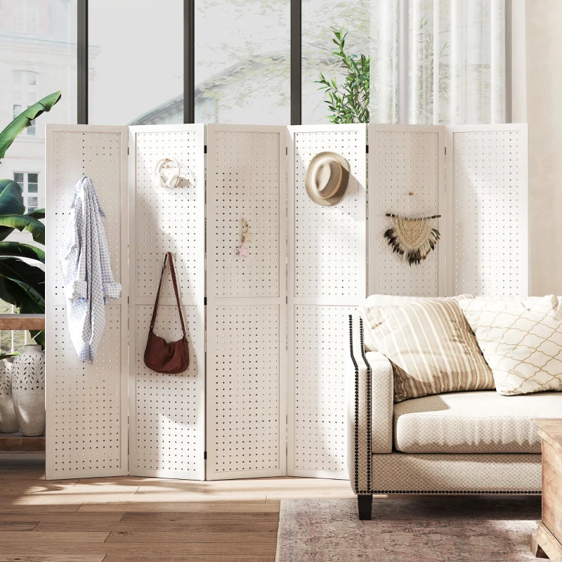 5.6 Ft. Tall 6-Panel Room Divider, Pegboard Panel Folding Privacy Screen, Partition Wall Divider for Bedroom, White