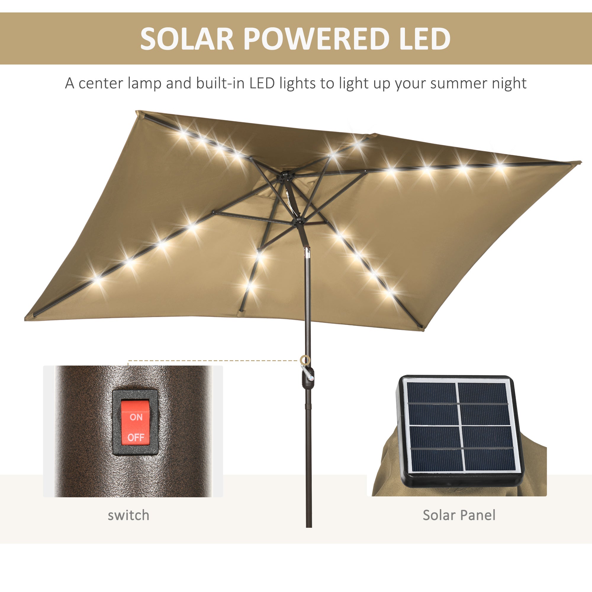Outsunny Patio Umbrella 6.5x10ft Rectangle Solar LED Outdoor Parasol Aluminum Tilt Market Umbrella Light Coffee 