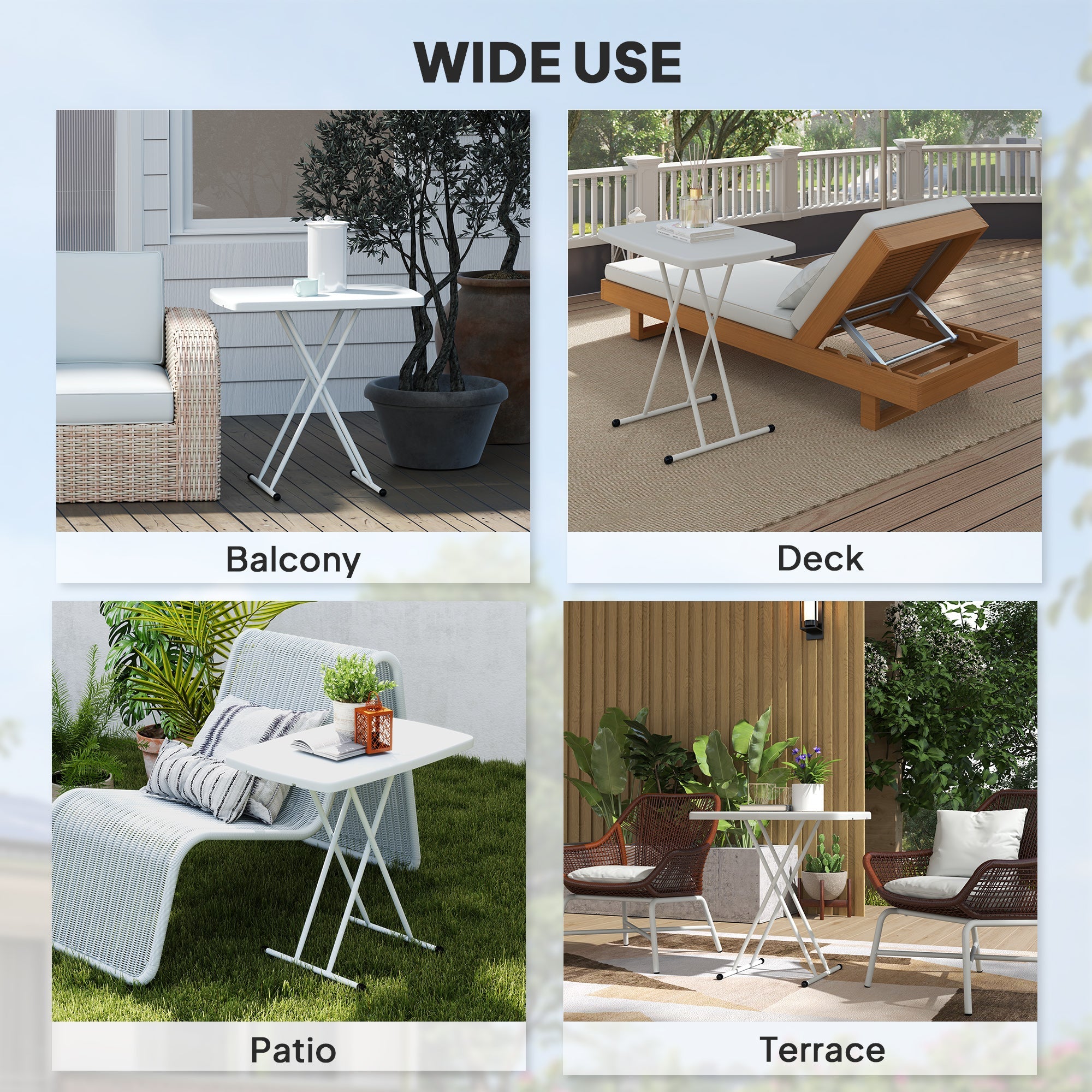Outsunny Portable Patio Side Table, Height Adjustable Outdoor Side Table, Folding Balcony Table with HDPE Top and Metal Frame for Balcony Poolside Deck, White 