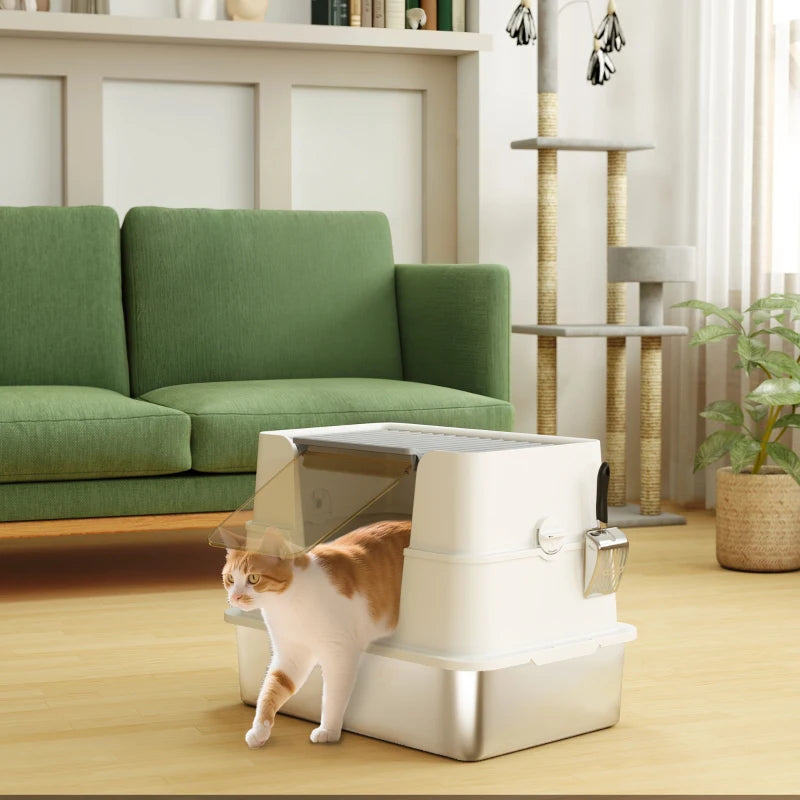XL Stainless Steel Litter Box with Lid, Extra Large Covered Cat Litter Box for Indoor Kittens with Filp Top, Scoop
