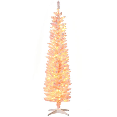 HOMCOM 6' Flocked Christmas Trees, Pencil Prelit Artificial Christmas Tree with Snow Branches, Pink 