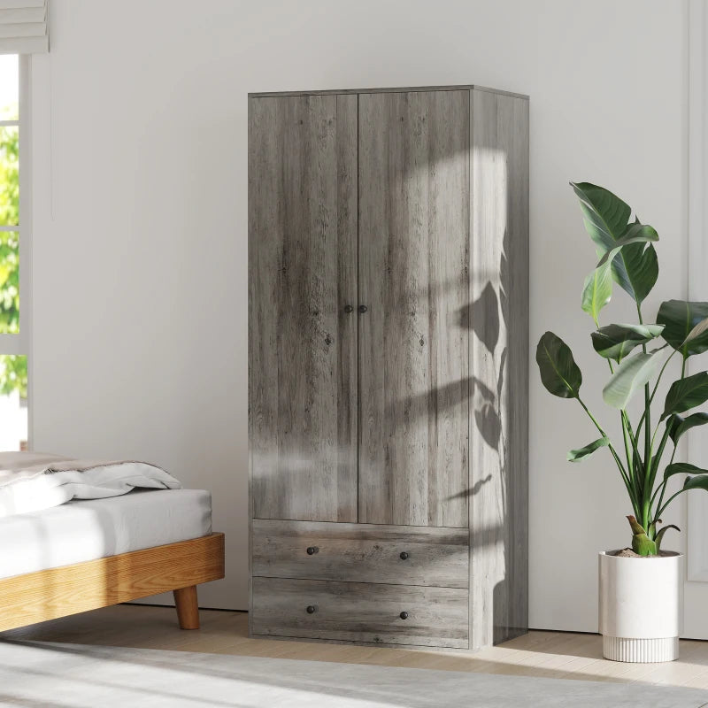 Modern Wardrobe Closet Armoire with 2 Drawers and Hanging Rod, Clothes Storage Organizer for Bedroom, Grey