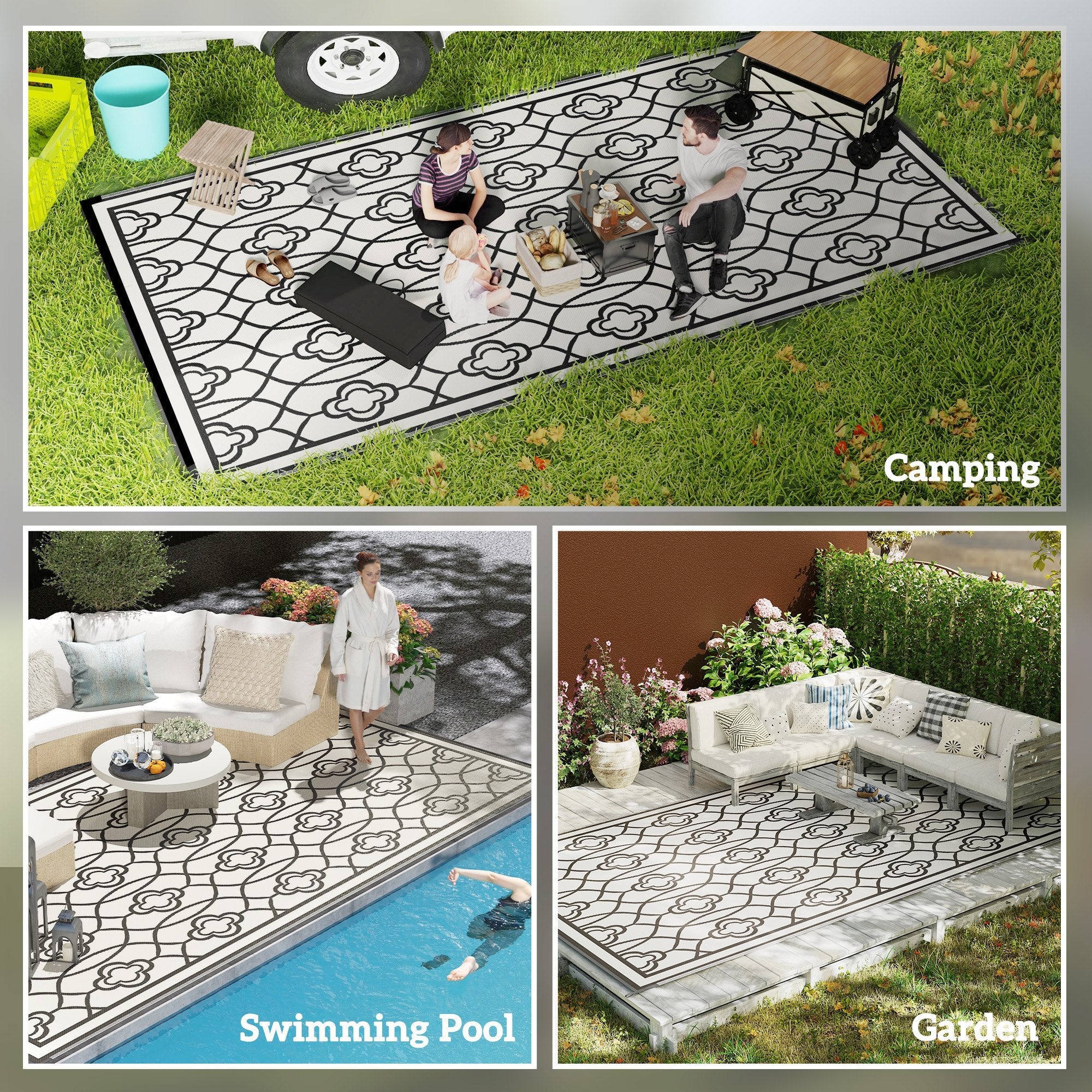 Outsunny 9' x 18' Outdoor RV Rug, Reversible Patio Floor Mat with Carry Bag, Lantern, Black and White 