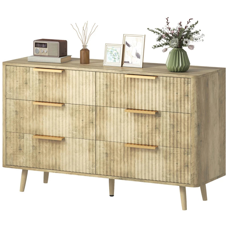 Fluted Chest of Drawers, Modern 6 Drawer Dresser with Pine Wood Legs, Finger Pulls for Closet, Living Room, Hallway, Oak