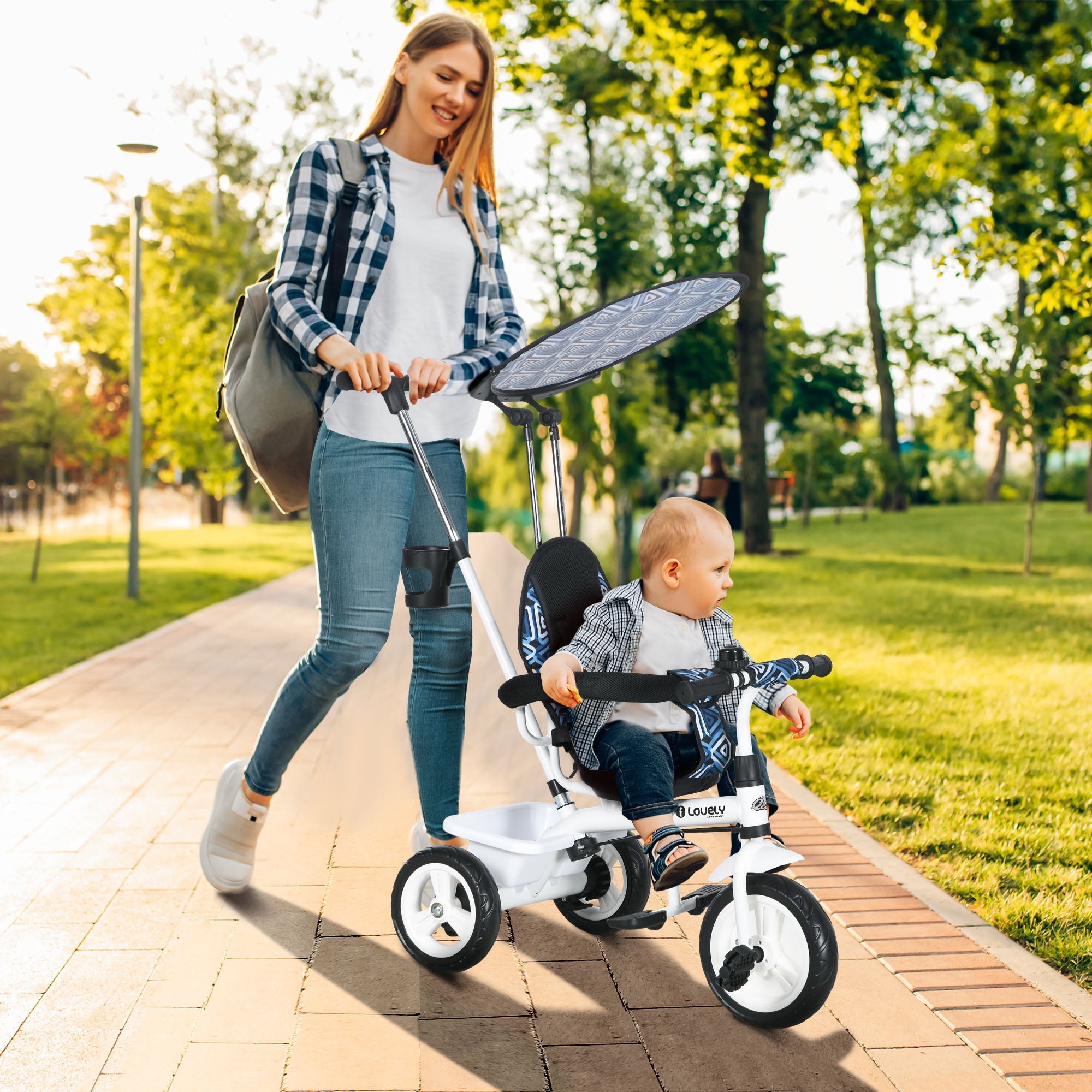 Qaba 4-in-1 Convertible Kids Tricycle with Removable Handlebar and Canopy Blue 