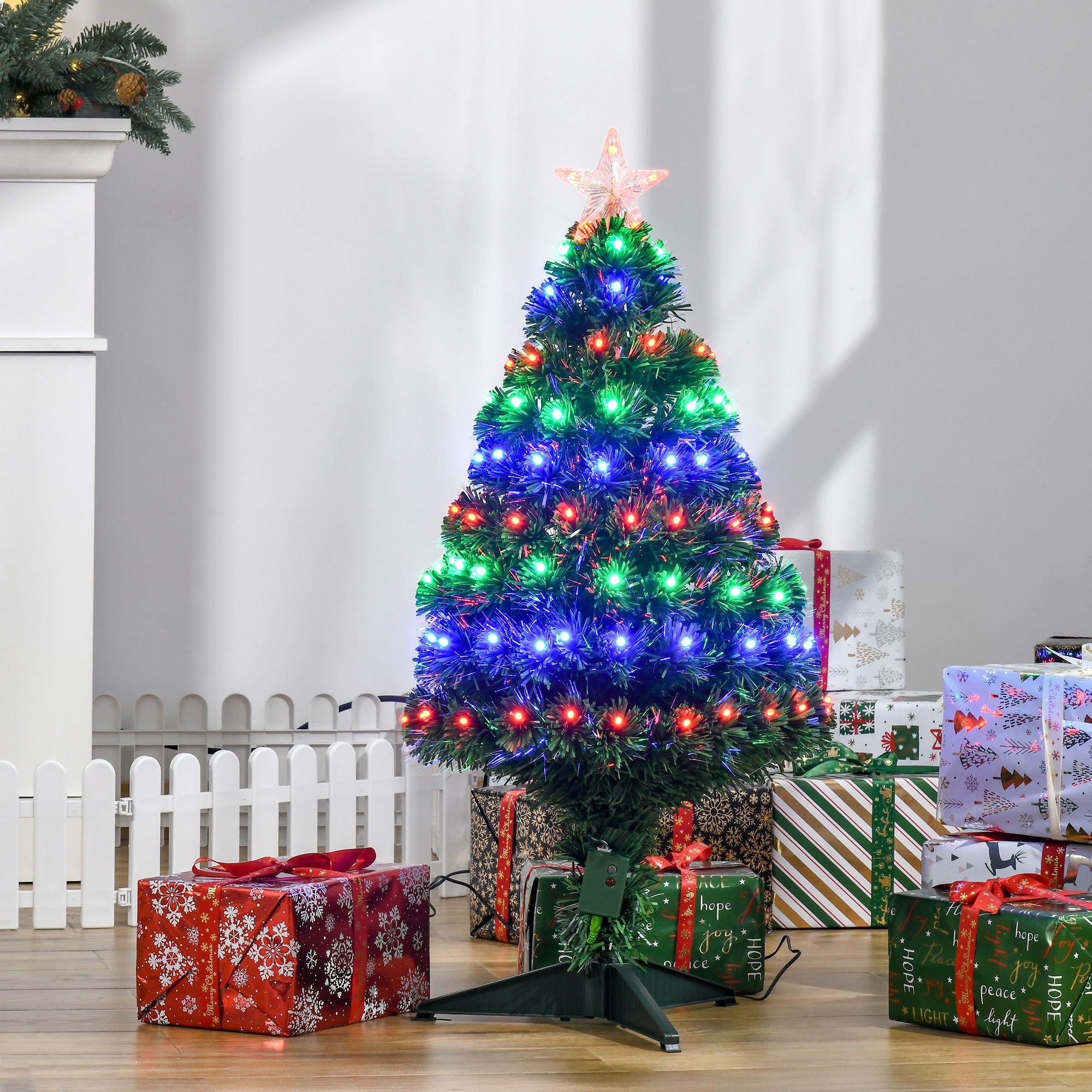 HOMCOM 3FT Pre-lit Fiber Optic Christmas Tree - 90 LED Lights, Green, Artificial Holiday Décor for Xmas 