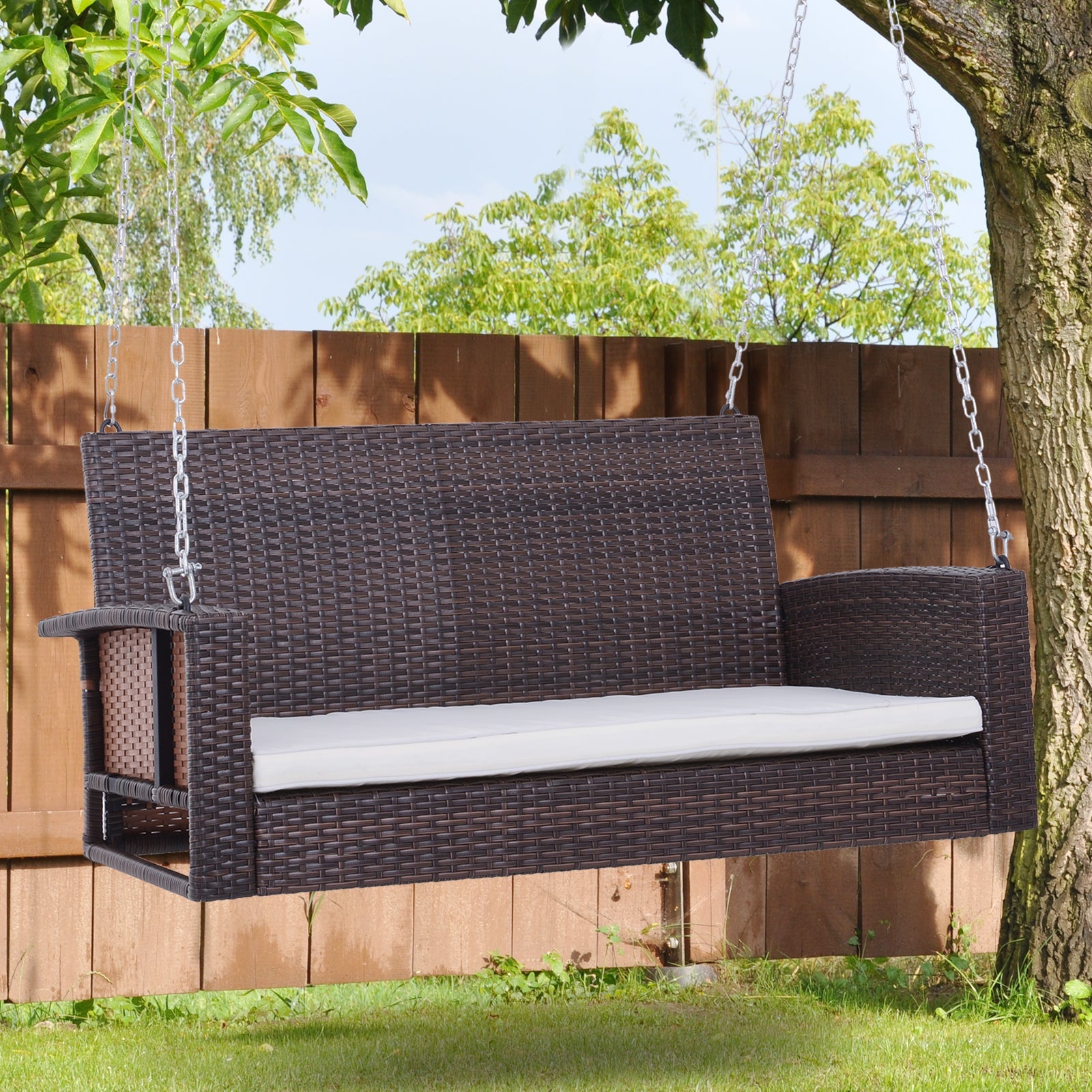 Outsunny Wicker Porch Swing Chair 2-Person Garden Hanging Bench Cushion Outdoor Rattan Double Hammock Sun Lounge White 