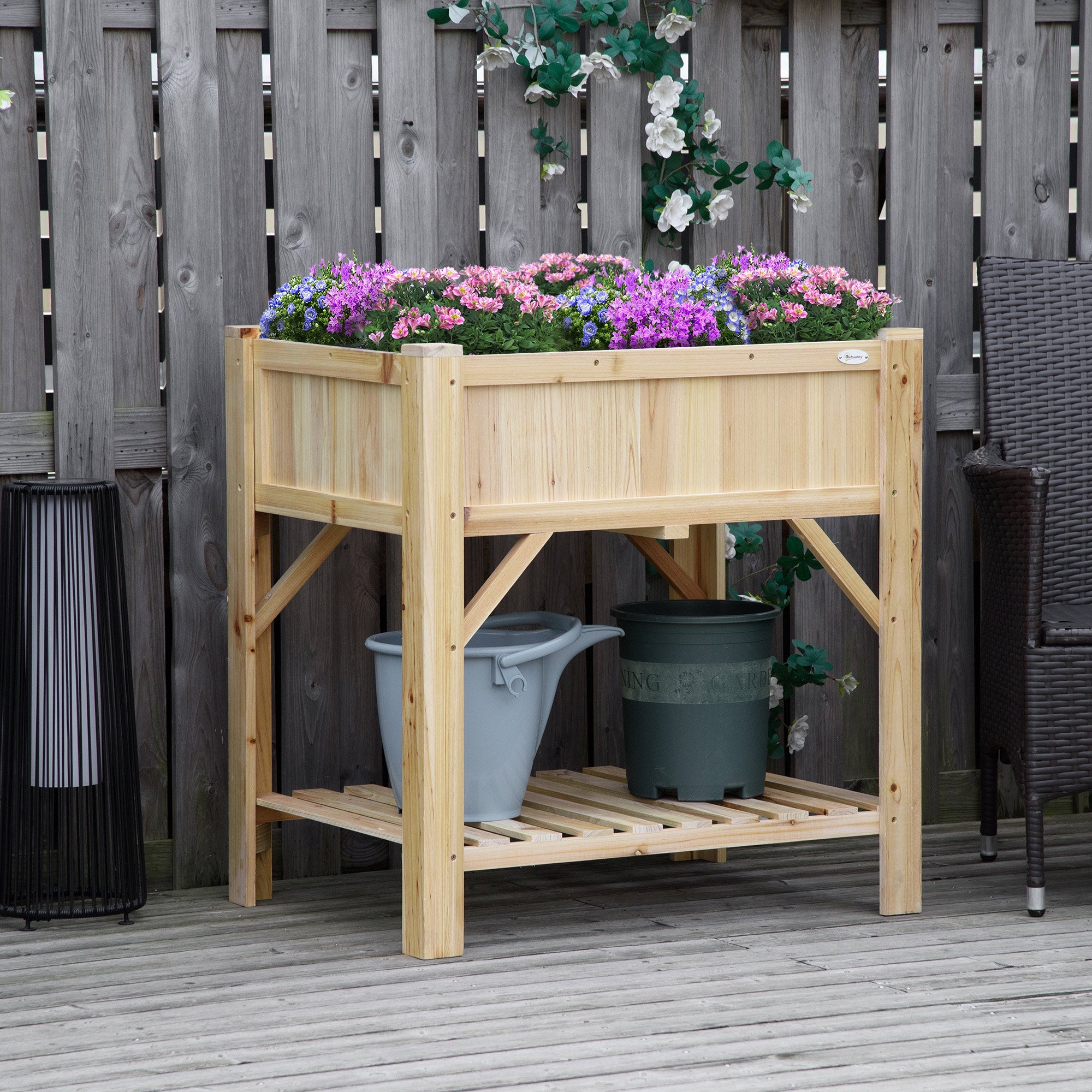 Outsunny Elevated Wood Planter Box 31"x23" - Raised Garden Bed for Vegetables, Flowers, Herbs with Non-Woven Fabric, Natural 