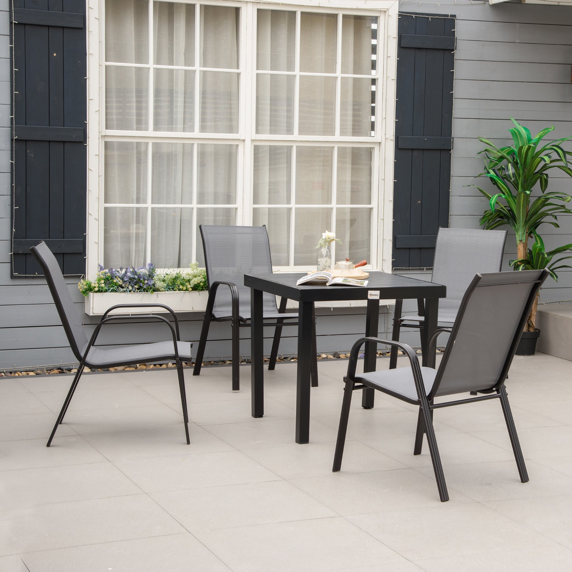 Outsunny Set of 4 Outdoor Dining Chairs, Heavy Duty Stackable Patio Dining Set with Armrests for Balcony Garden, Dark Grey 