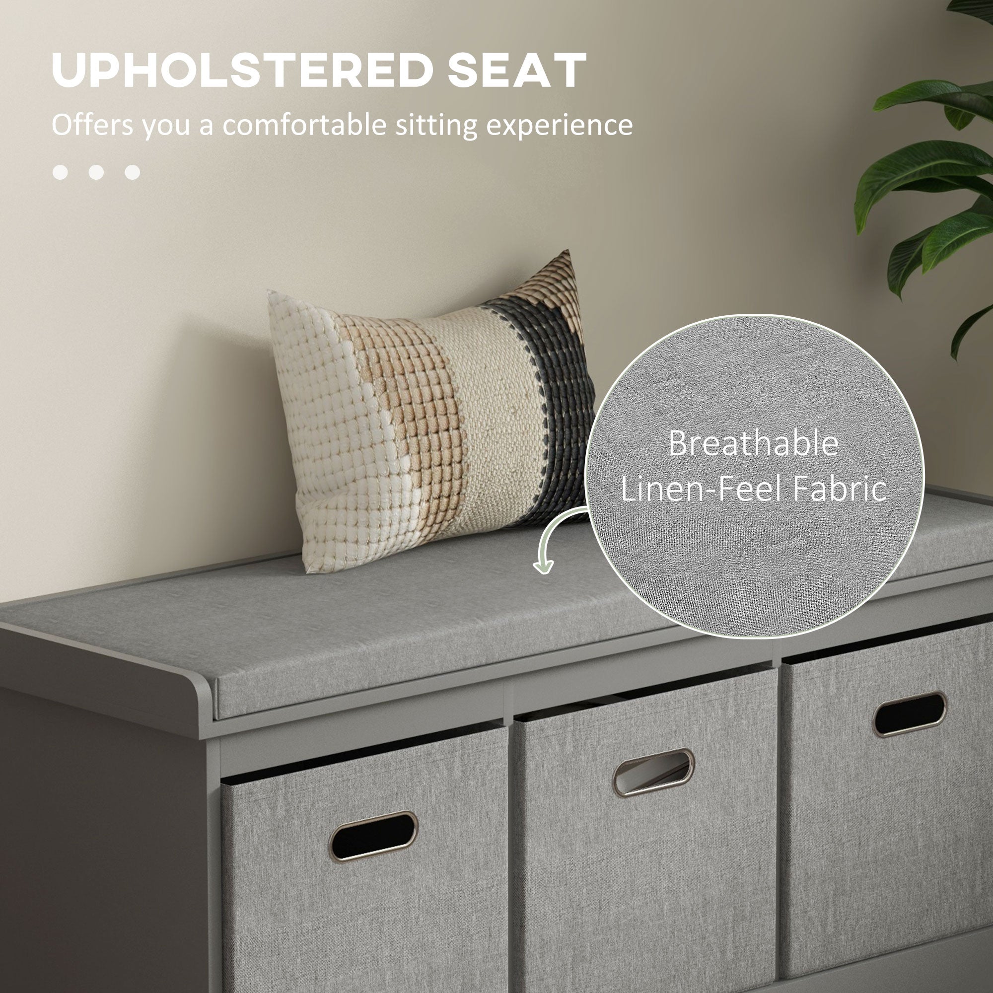 HOMCOM Shoe Storage Bench with Seat, Entryway Bench Seat with Cushion, 3 Fabric Drawers for Hallway, Grey 