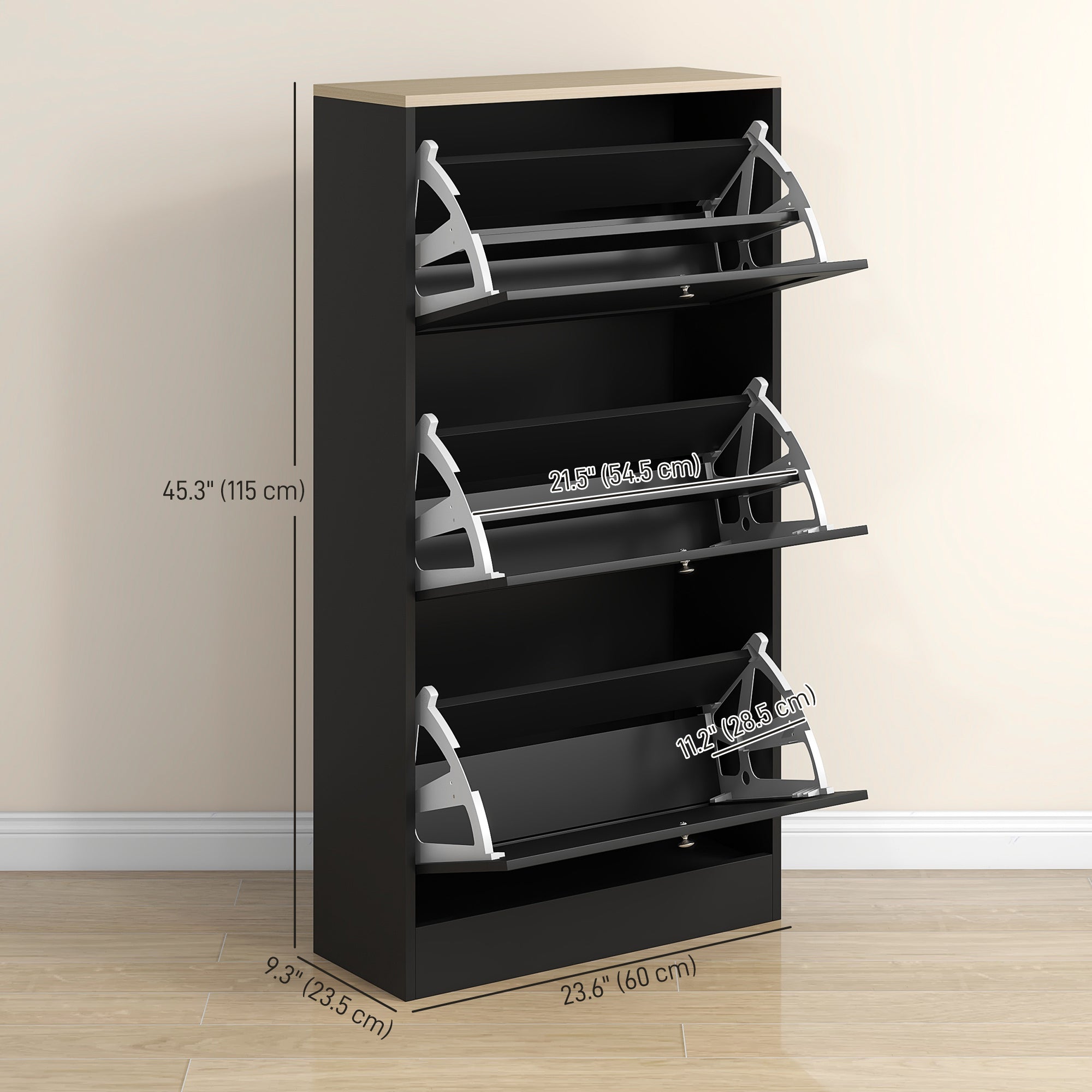 HOMCOM Modern Shoe Storage Cabinet with 3 Flip Drawers Adjustable Shelves for 18 Pairs Black 