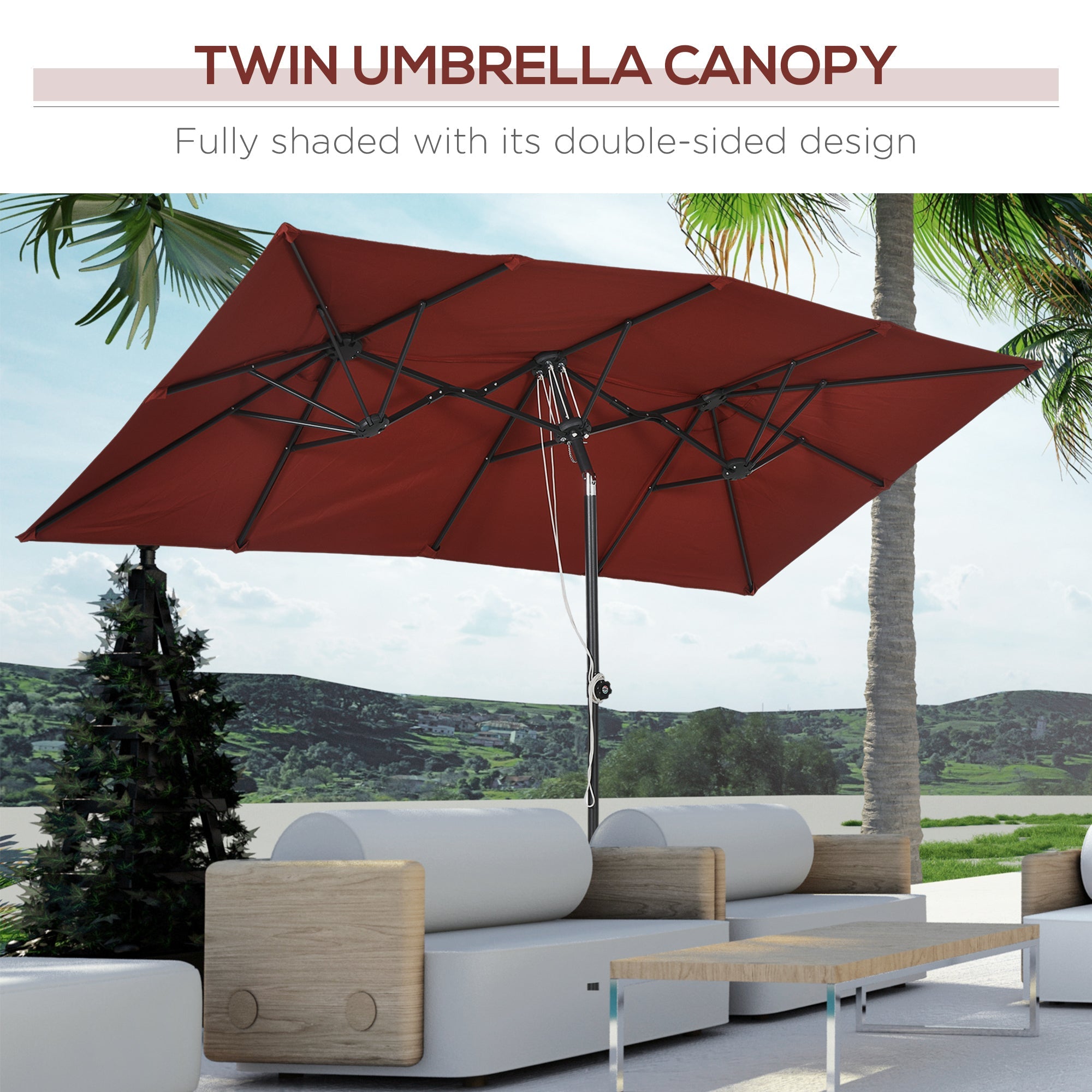 Outsunny Double Sided Patio Umbrella with Adjustable Height Tilt Function Vents 12 Ribs for Outdoor Garden Deck Pool Wine Red 