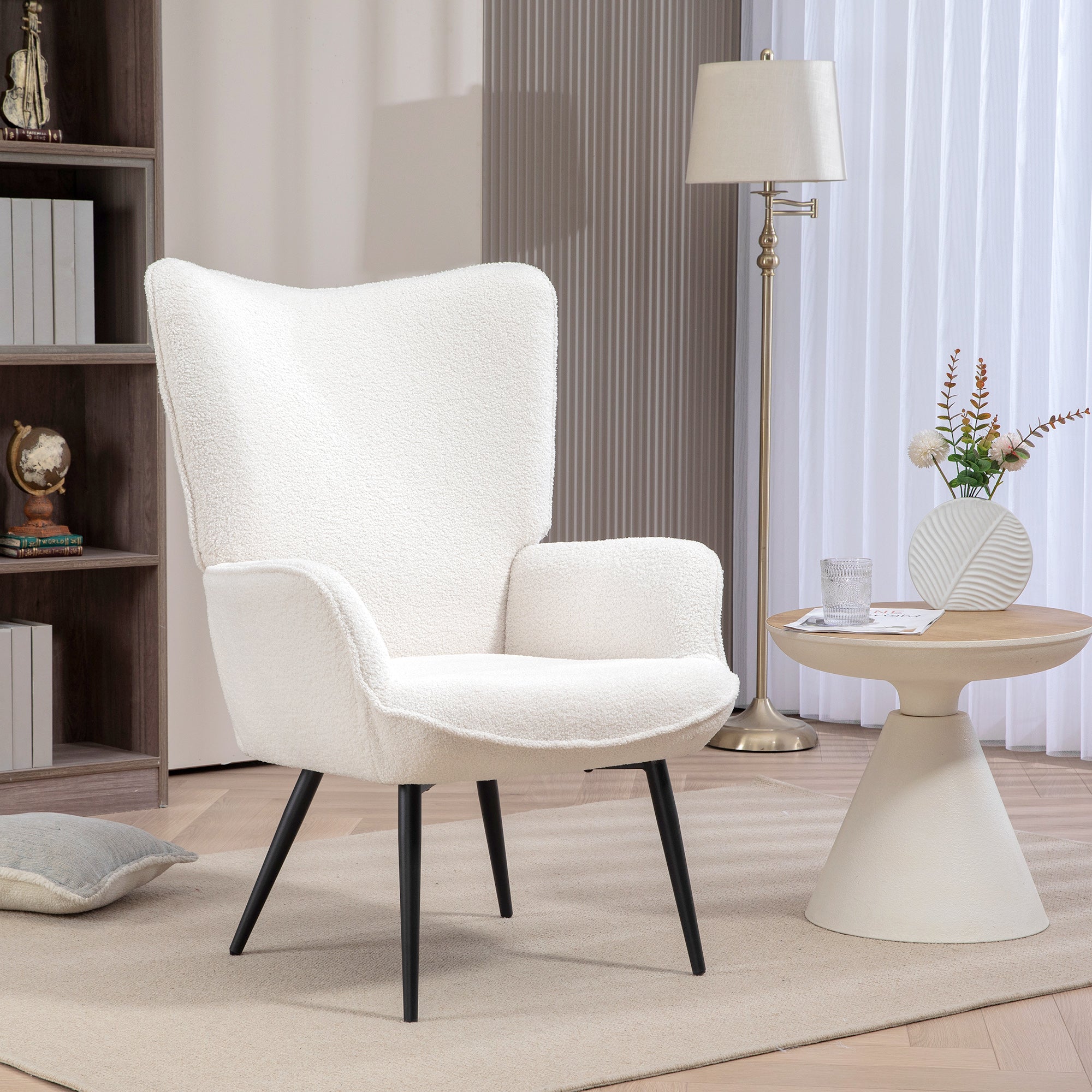 HOMCOM Accent Sherpa Chair, Upholstered Armchair, Fluffy Wingback Chair for Living Room, Reading Room, Cream White 