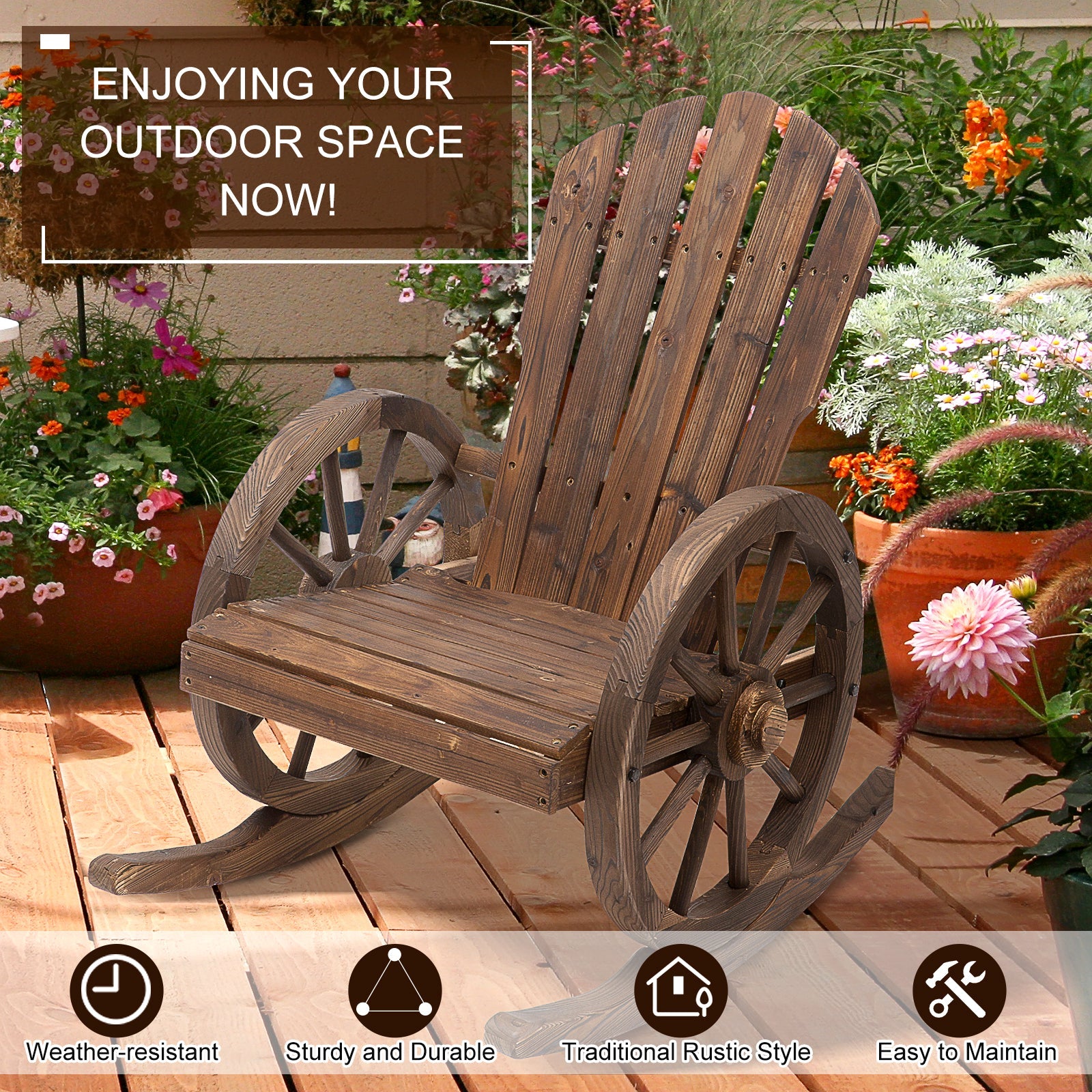 Outsunny Outdoor Adirondack Rocking Chair with Slatted Design and Oversize Back for Porch, Poolside, or Garden Lounging, Rustic Brown 