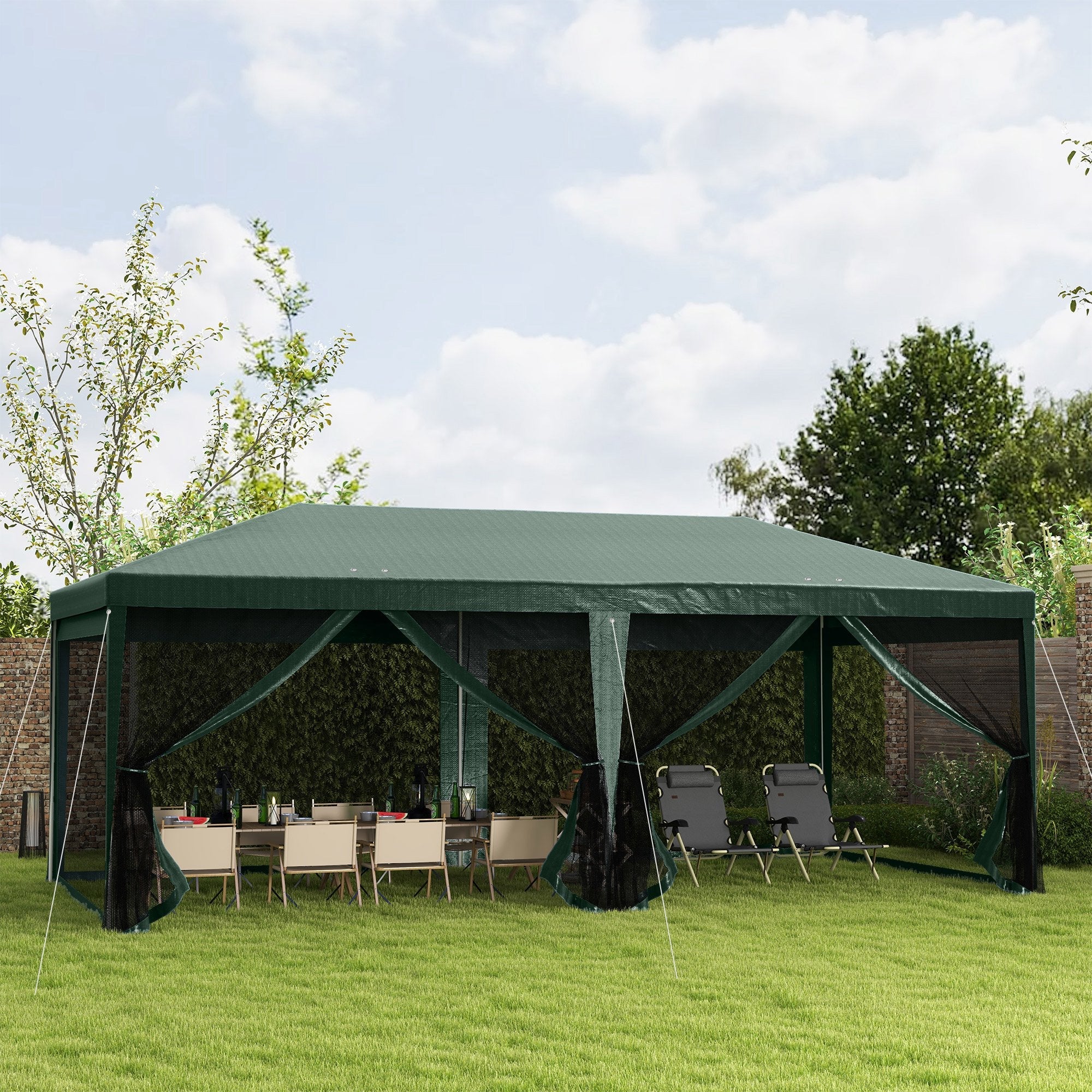 Outsunny 19'x9' Party Tent Gazebo Canopy Garden Sun Shade for Outdoor Event with Removable Mosquito Mesh Netting, Green 