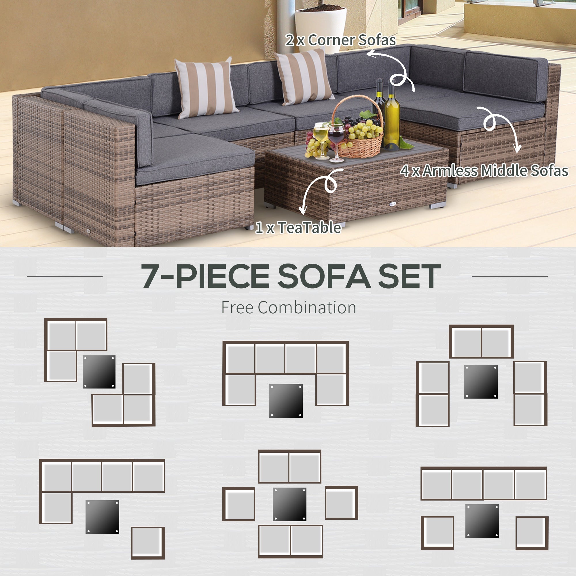 Outsunny 7-Piece Outdoor Sectional Couch, PE Rattan Sectional Sofa with UV-Resistant Cushions & Dining Table, Grey 