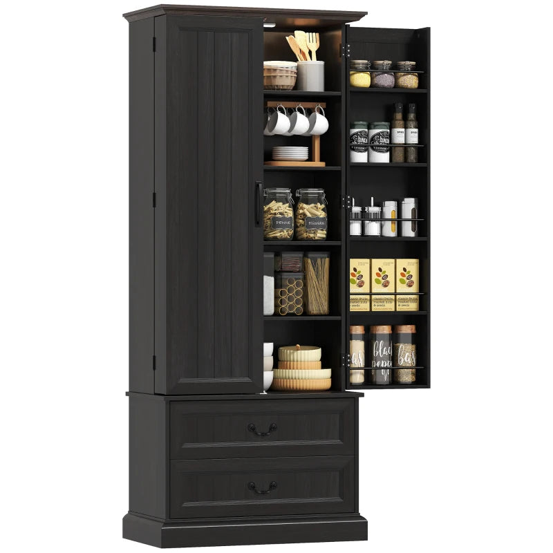 72" LED Kitchen Pantry Cabinet, Buffet Storage Cabinet with 10 Door Shelves, 2 Drawers and Adjustable Shelves, Black