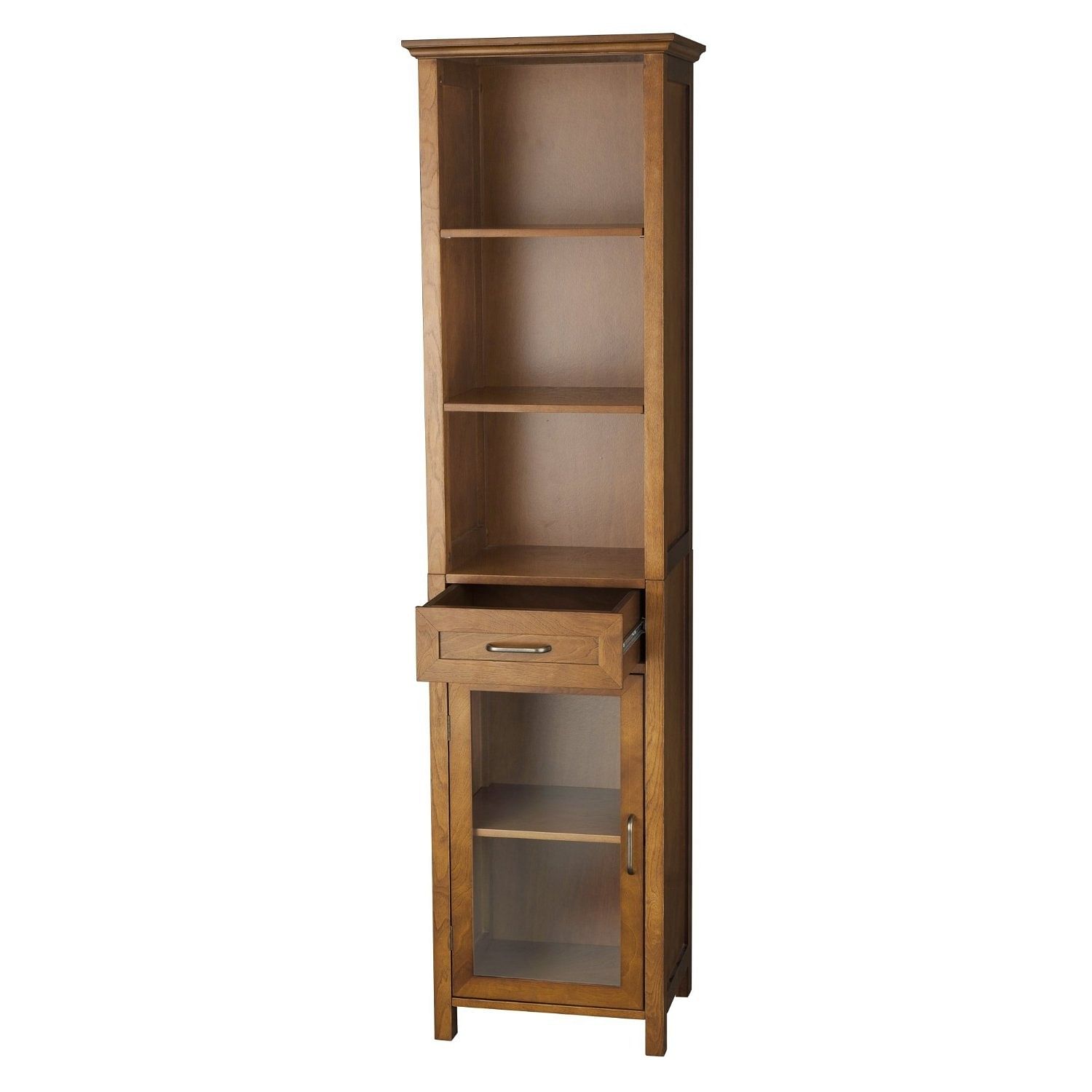 Oak Finish Bathroom Linen Tower Storage Cabinet with Shelves - Free Shipping