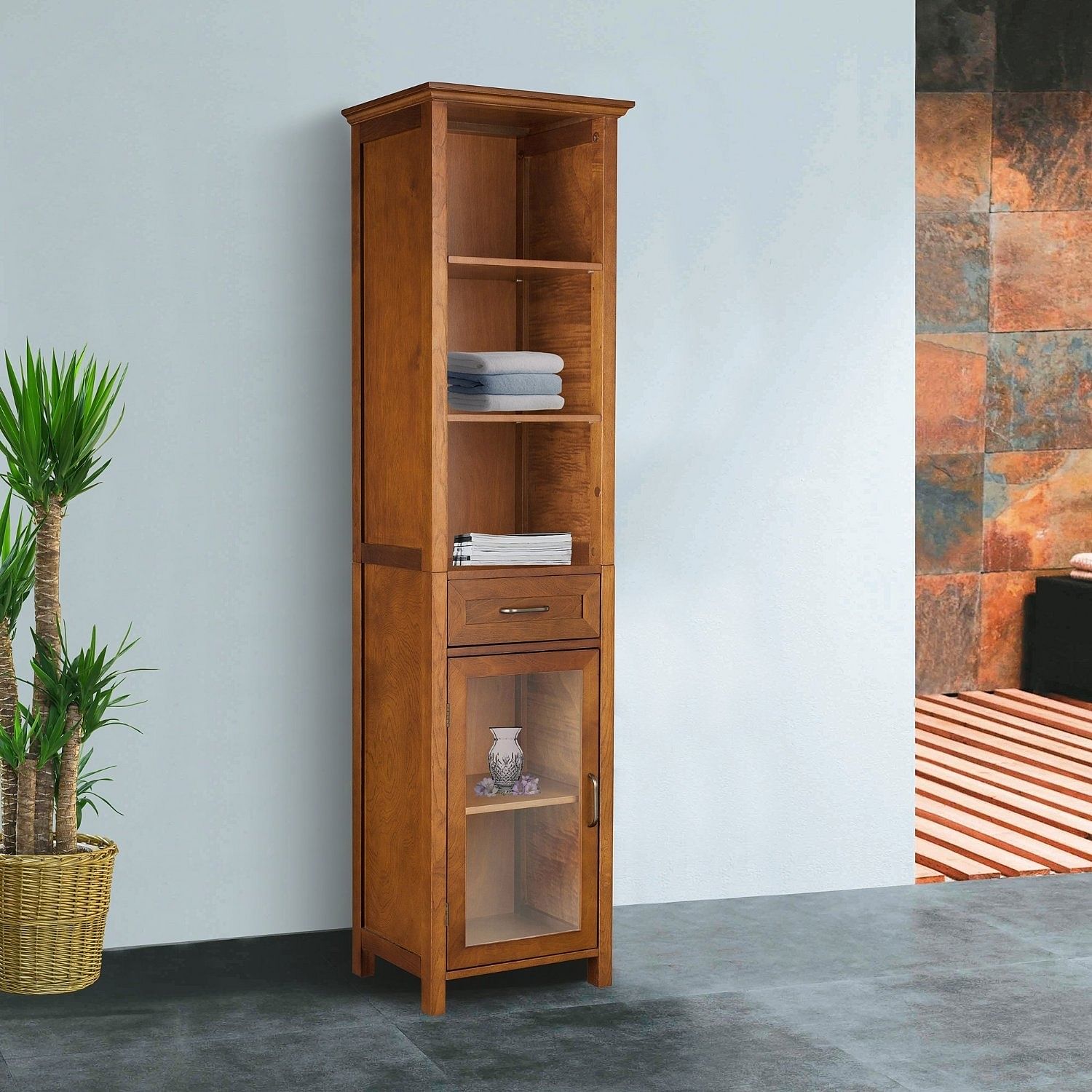 Oak Finish Bathroom Linen Tower Storage Cabinet with Shelves - Free Shipping