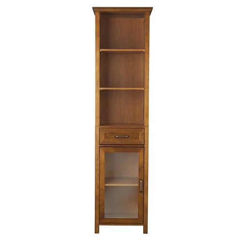 Oak Finish Bathroom Linen Tower Storage Cabinet with Shelves - Free Shipping