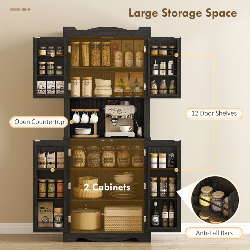 73" Kitchen Pantry Cabinet, Freestanding Kitchen Hutch with 12 Door Shelves, Adjustable Shelves, Microwave Stand, Black