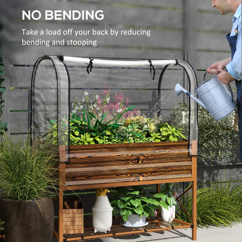 Raised Garden Bed with Cover, Metal Elevated Planter Box with Bottom Shelf and Liner, Dark Brown Wood Effect