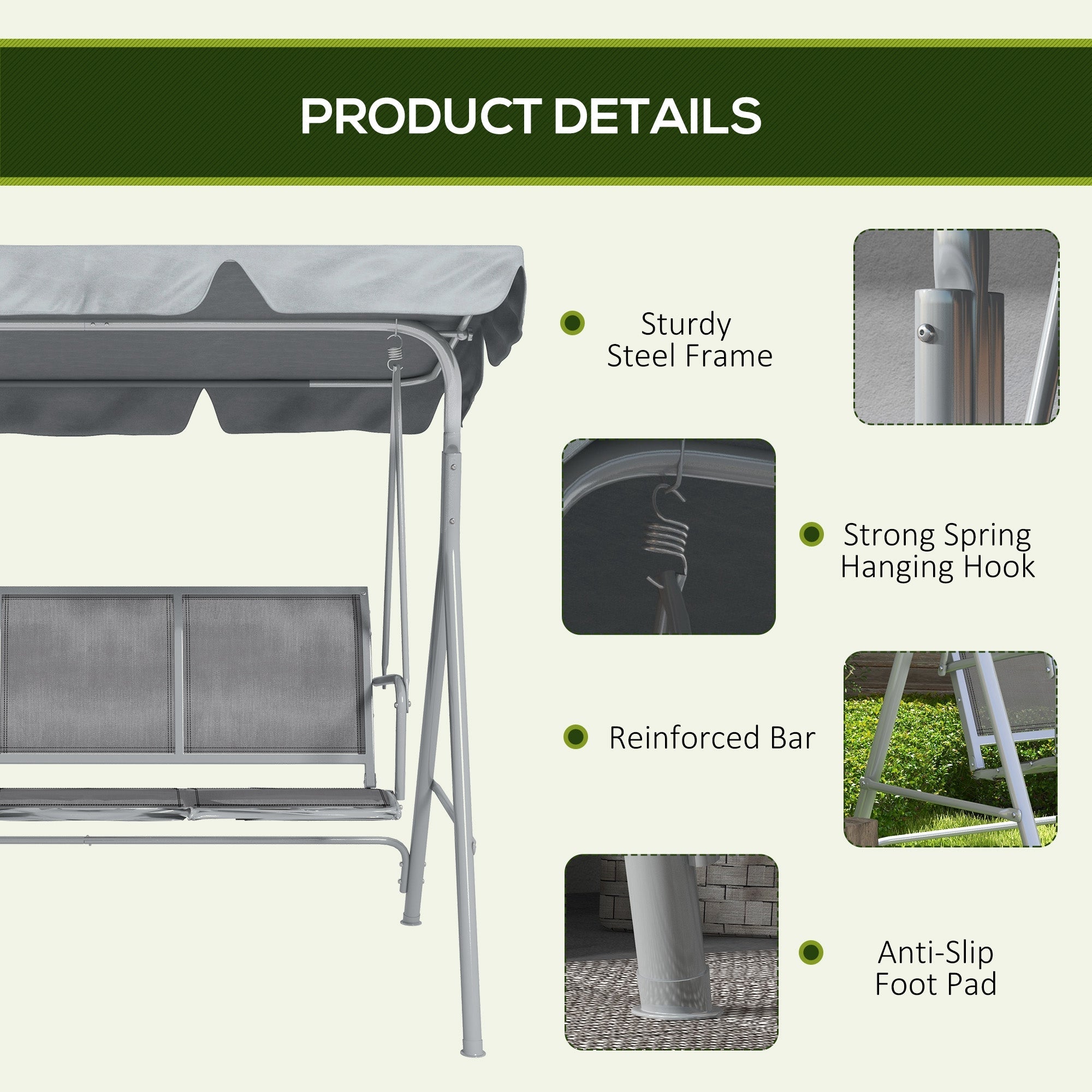 Outsunny Light Grey 3-Seater Patio Swing Chair: Outdoor Garden Hammock Glider with A-Frame, Canopy, Porch Swing Comfort 