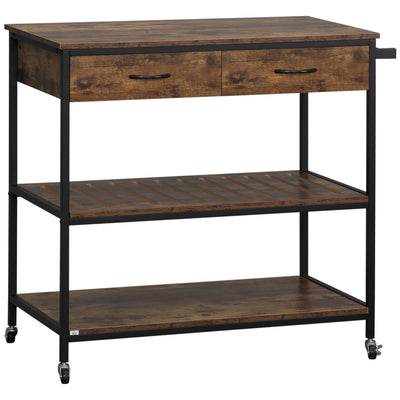 HOMCOM Industrial Ingenuity: Rolling Kitchen Island Cart with Drawers, Storage Shelves, Towel Rack, Rustic Brown Finish 