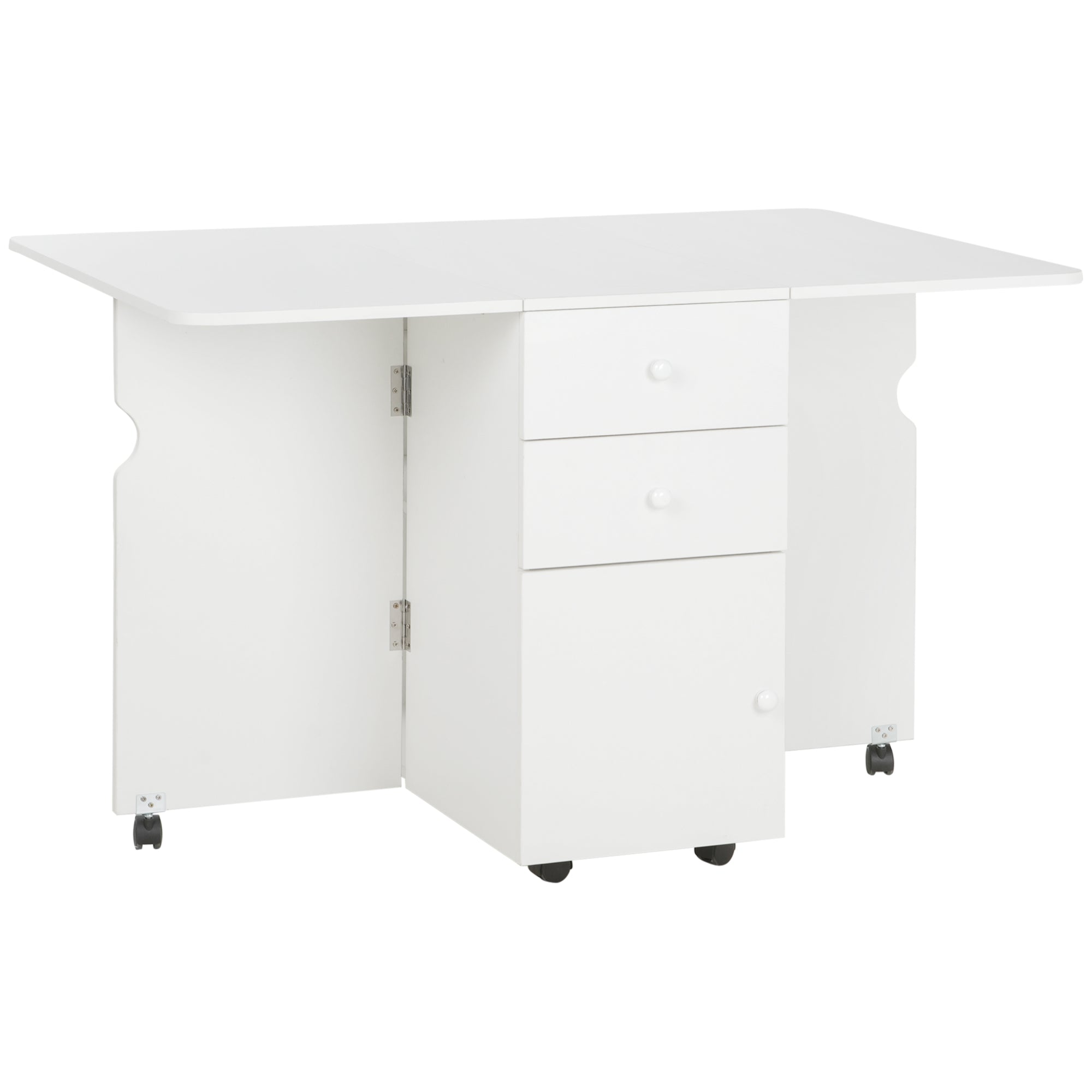 HOMCOM Extendable Drop Leaf Dining Table with 2 Drawers Cabinet 6 Wheels for Small Spaces Kitchen White 