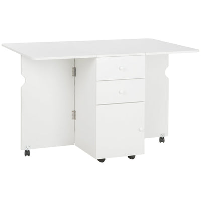 HOMCOM Extendable Drop Leaf Dining Table with 2 Drawers Cabinet 6 Wheels for Small Spaces Kitchen White 
