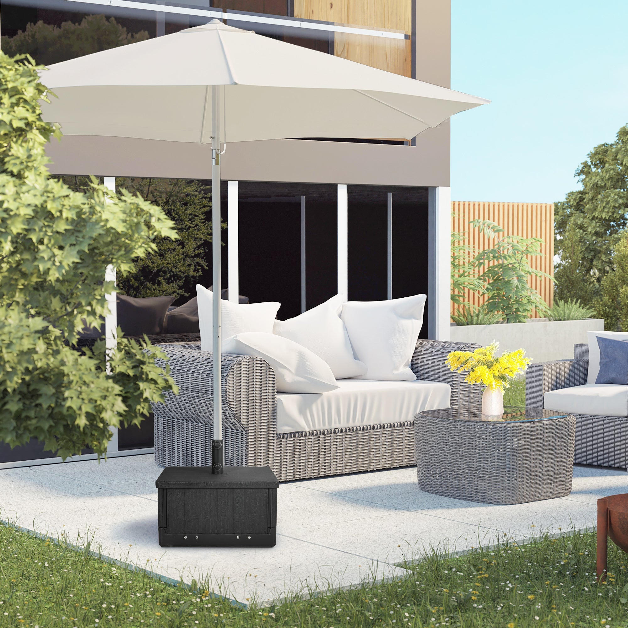 Outsunny 3-in-1 Patio Umbrella Base with Wheels, Side Table & Planter, 175lbs, Heavy-Duty, Black 