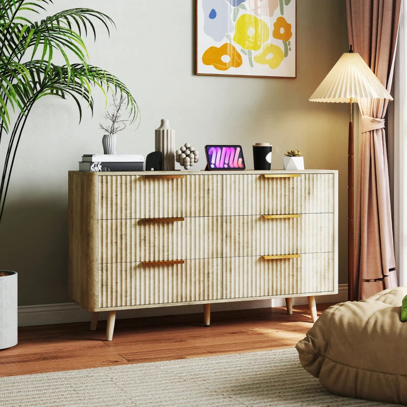 Fluted Chest of Drawers, Modern 6 Drawer Dresser with Pine Wood Legs, Finger Pulls for Closet, Living Room, Hallway, Oak
