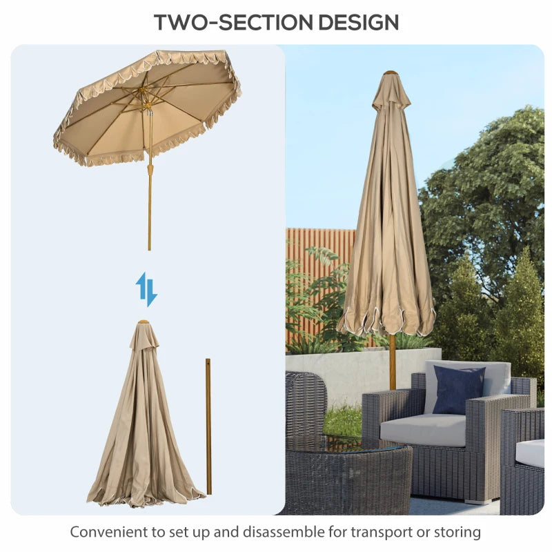 9 ft Patio Umbrella with Push Button Tilt and Crank, Double-ruffled Outdoor Market Table Umbrella Parasoll, Khaki
