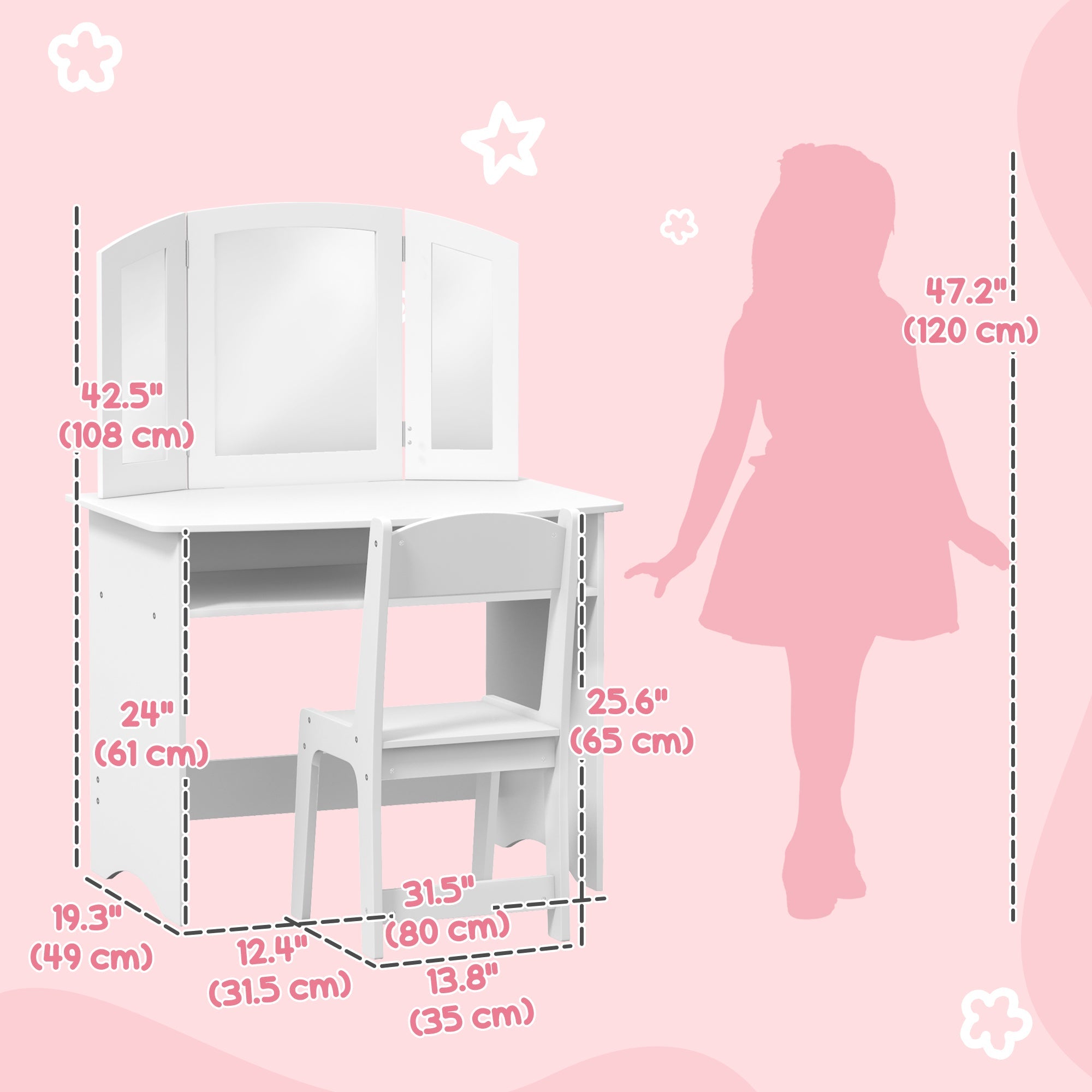 Qaba 2 in 1 Kids Vanity Set Makeup Dressing Table Pretend Play Set with Tri-Folding Mirror, Stool, Storage Shelf 