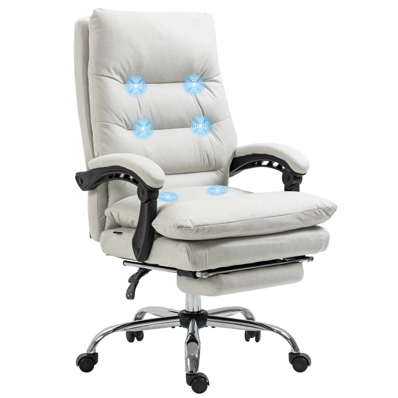 Executive Office Chair with 6-Point Massag, Microfibre Reclining Computer Chair with Footrest, Cream White