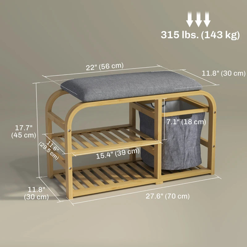 Bamboo Entryway Bench, Shoe Storage Bench with Cushion, Slat Shelves, Pull-Out Basket for Hallway, Entryway, Nature Wood