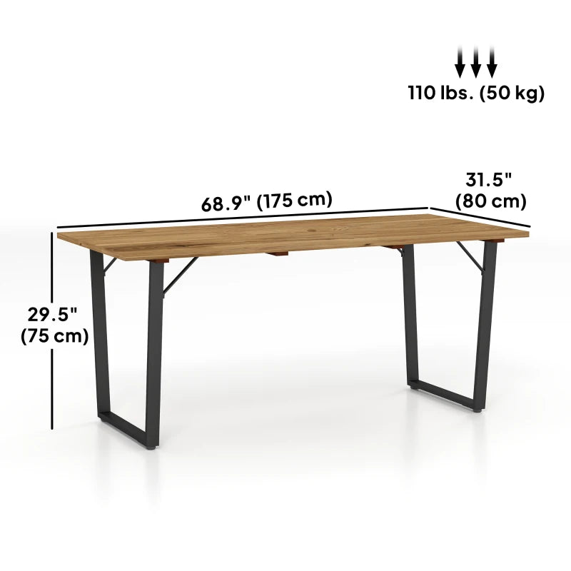 Wooden Outdoor Dining Table for 6 with 2" Umbrella Hole, Slatted Tabletop, Metal Frame, for Yard, Deck, Lawn