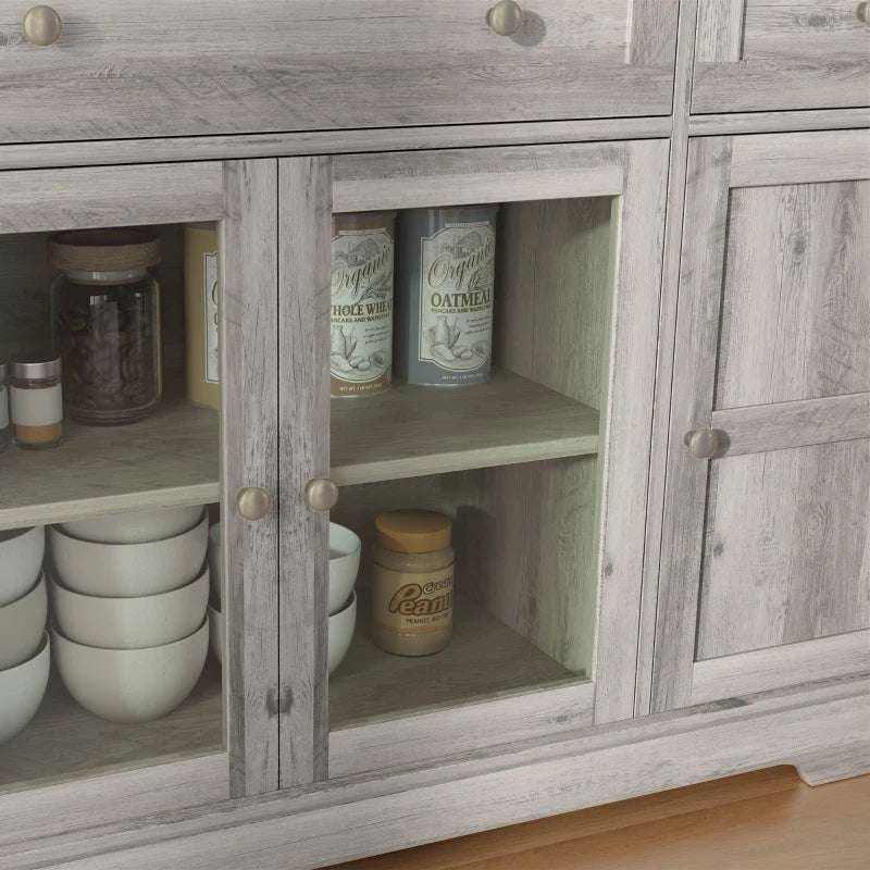 Dining Room Sideboard Buffet Cabinet with Storage, Coffee Bar Cabinet with Glass Doors and Adjustable Shelves, Weathered Grey Oak