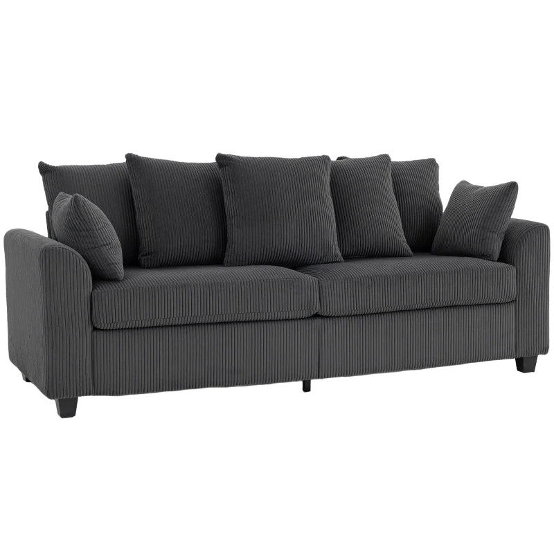 Corduroy Couch with 6 Back Cushions, 2 Pillows and Curved Armrests, Modern 3 Seater Sofa, Dark Grey