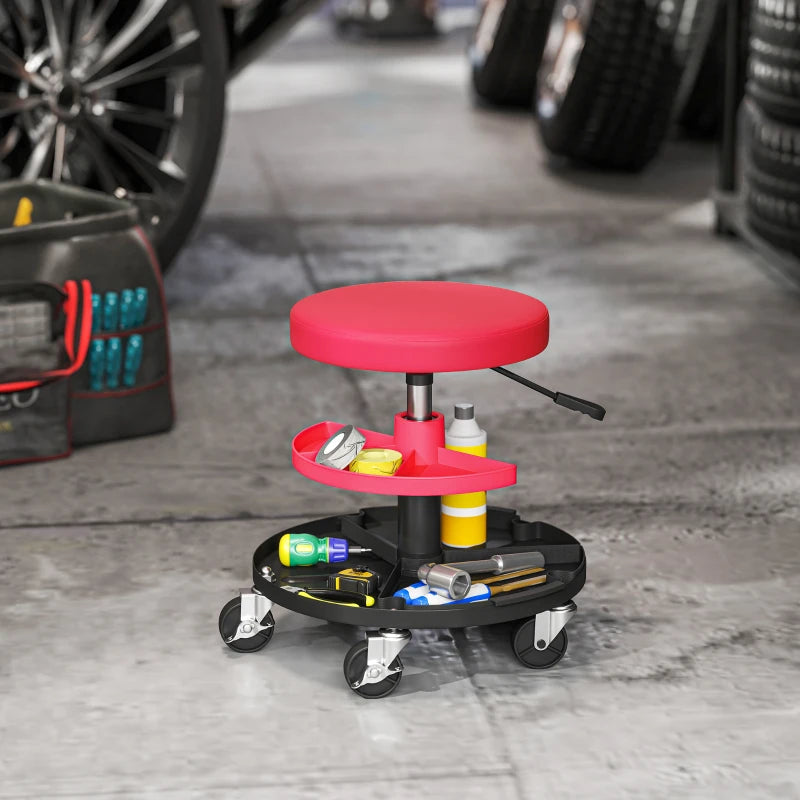 Rolling Garage Stool, 300 LBS Capacity Mechanic Stool with 2.5" Wheels, Tool Trays Storage, Adjustable Height, Red